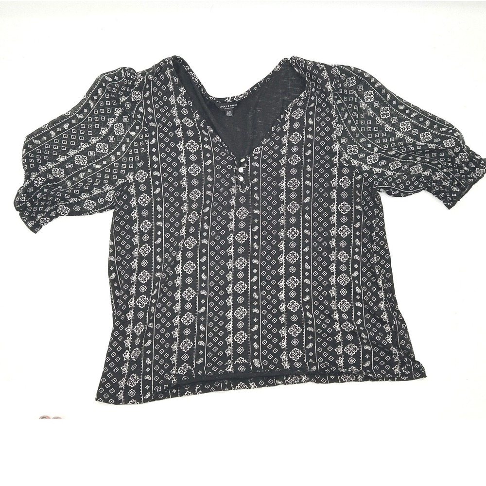 Lucky Brand Boho Peasant Blouse Black Bandana Print Top L - Picture 2 of 8